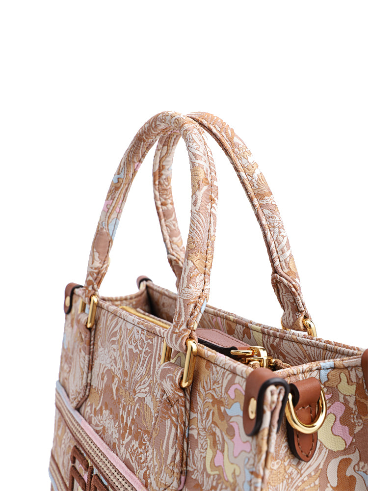 Fresco 刺繡提花配牛皮革中型手提袋