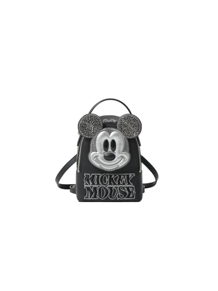 Mickey Mouse Black Embroidered Leather Backpack