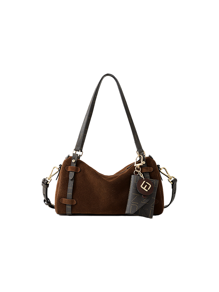 FION 麂皮鑲牛皮革波士頓袋