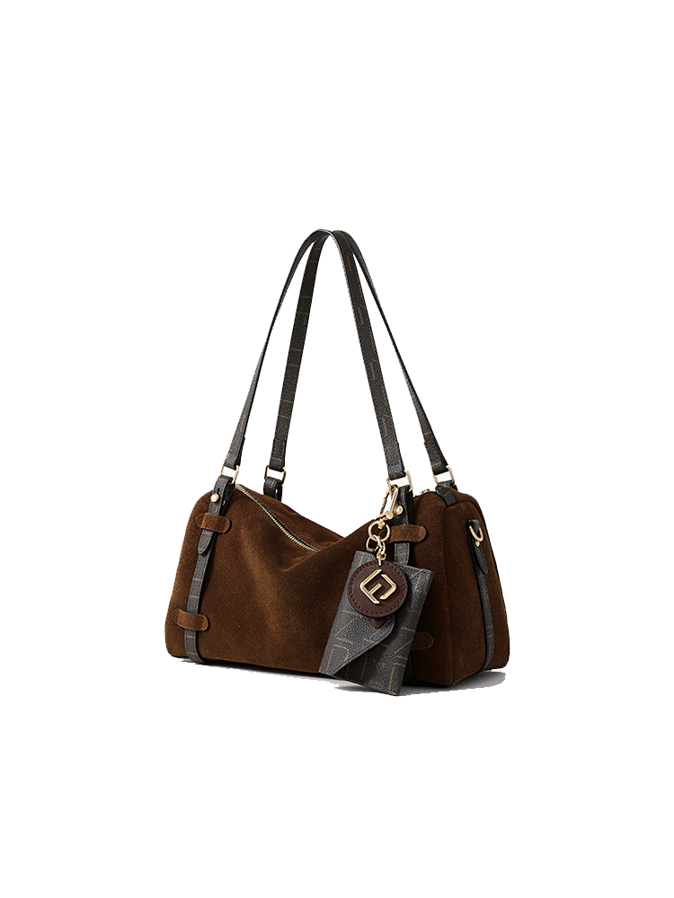 FION 麂皮鑲牛皮革波士頓袋