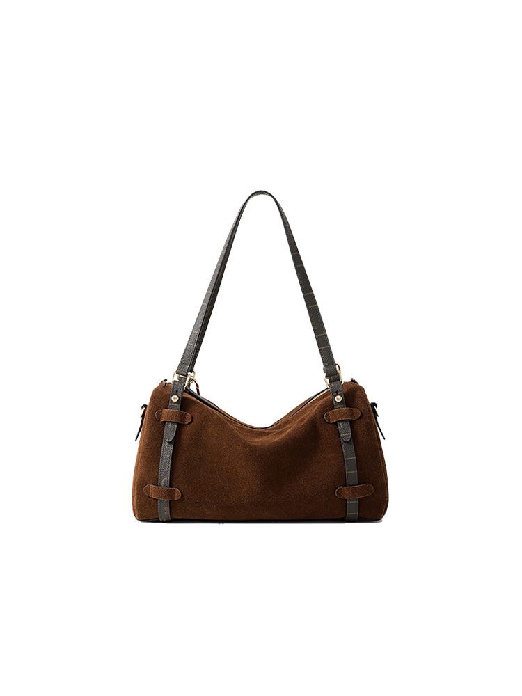 FION 麂皮鑲牛皮革波士頓袋