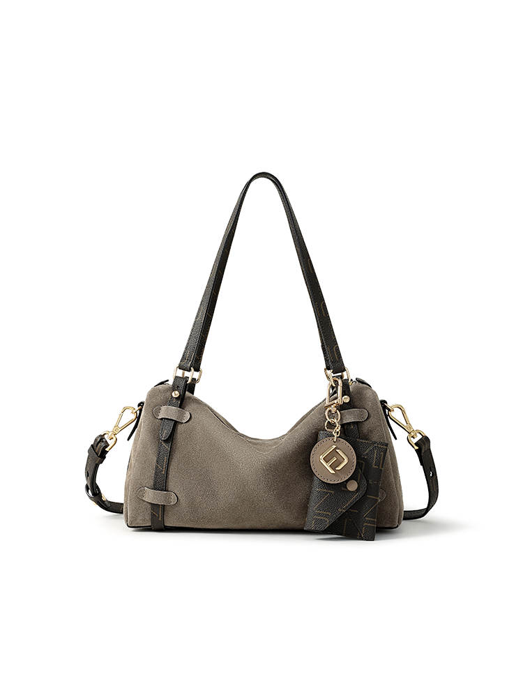 FION 麂皮鑲牛皮革波士頓袋