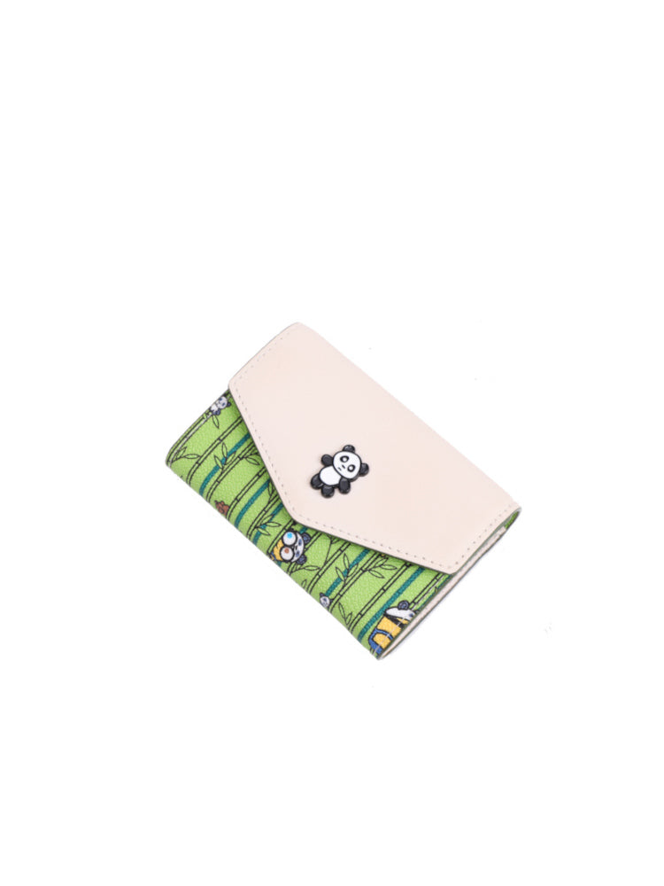 Minions And Panda Bamboo Pattern Button Wallet- Green/White