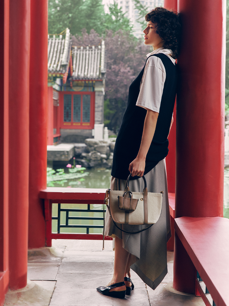 Week 織物鑲牛皮革手提袋