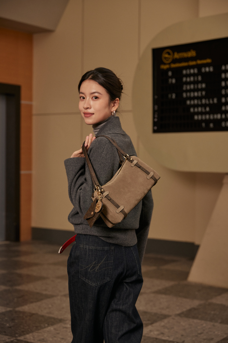 FION 麂皮鑲牛皮革波士頓袋