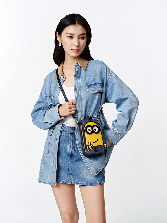 Minions Kevin & Banana 牛仔布配牛皮電話包